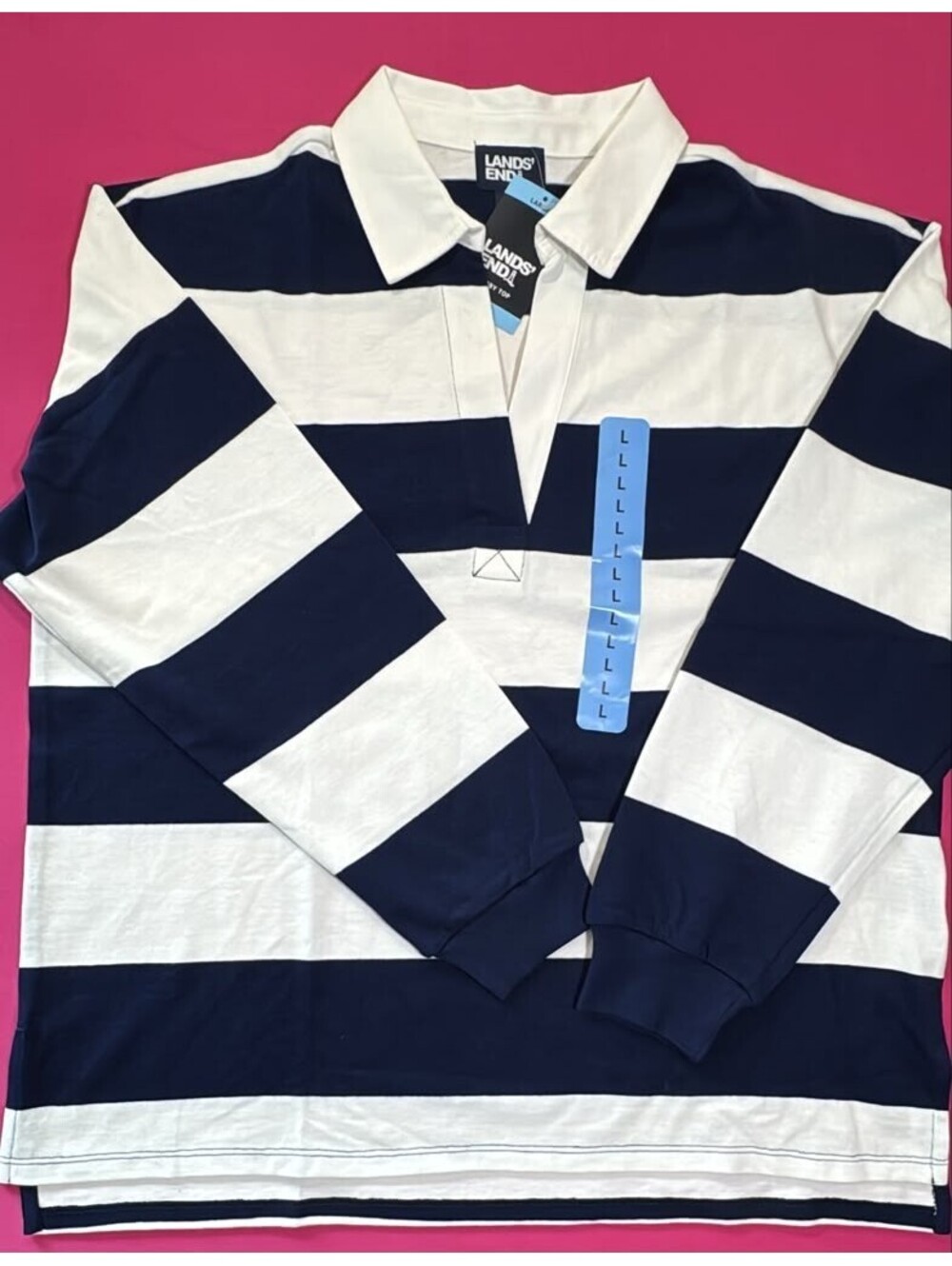 Lands’ End Rugby Top Navy White Striped Collar  Long Sleeve Size L New
